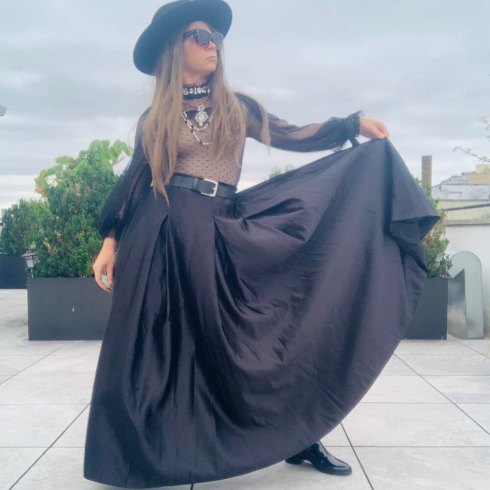 Anthro Full Satin Skater Drama Black Tie Dress Up Maxi Flare Skirt Pockets NWOT